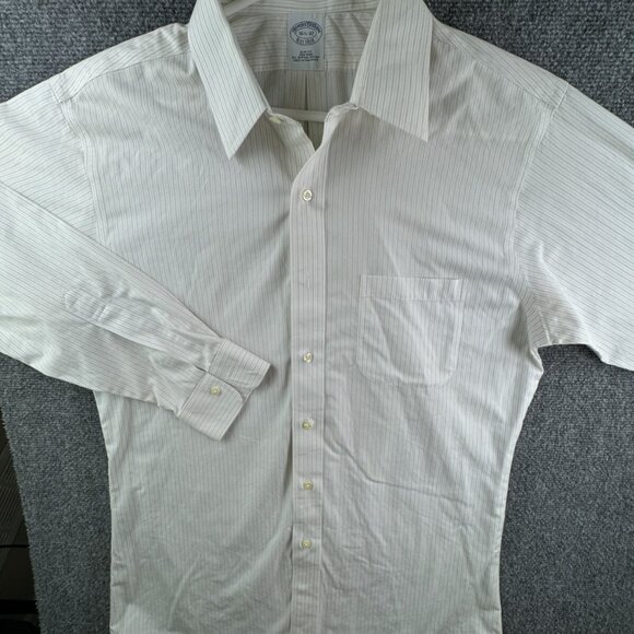 Brooks Brothers 16.5 32 Striped Ivory Gray Slim Fit Point Non Iron Button Up - Picture 2 of 16